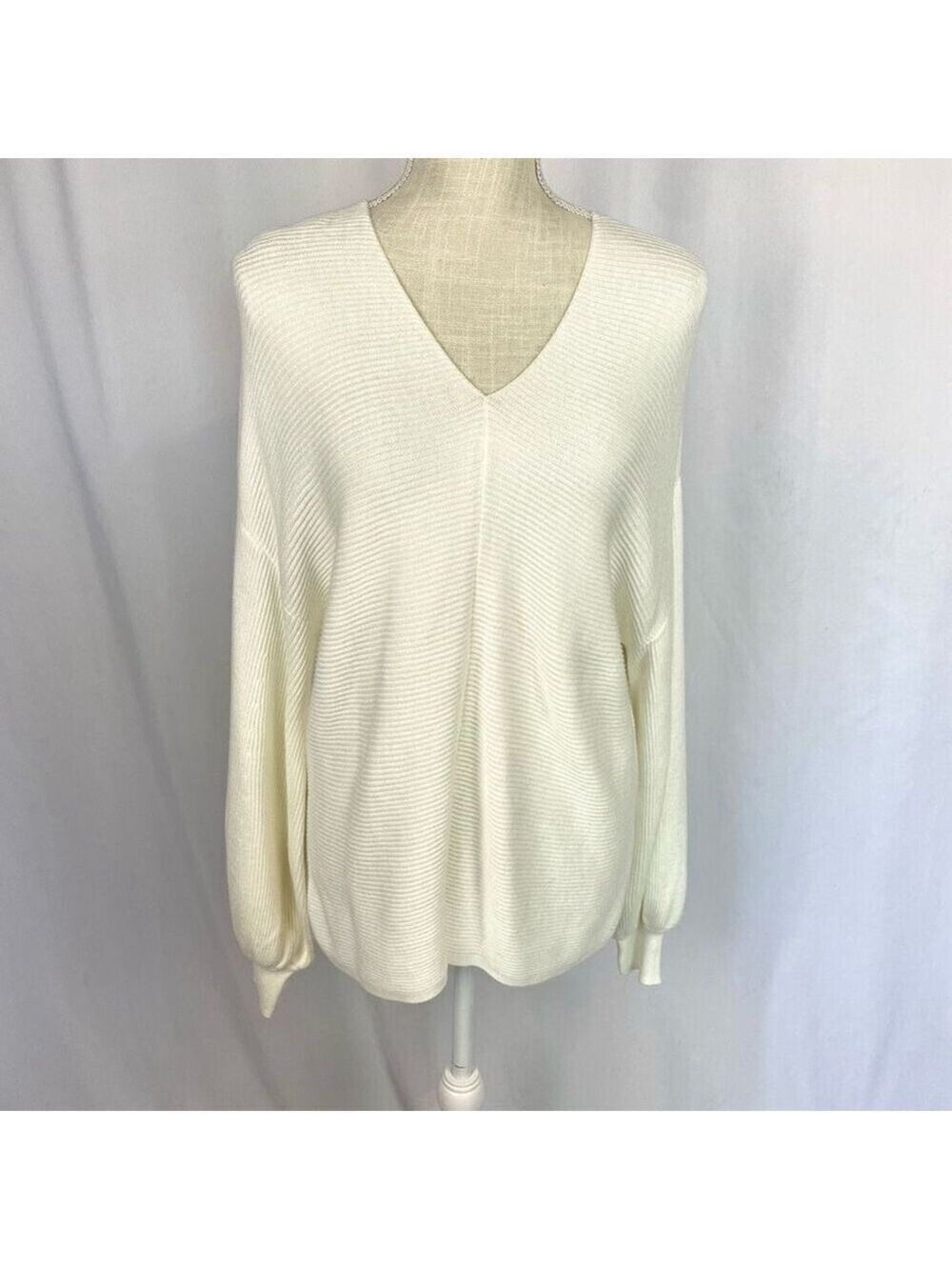 1. State Long Balloon Sleeve Ribbed V Neck Sweater Ivory Women’s M